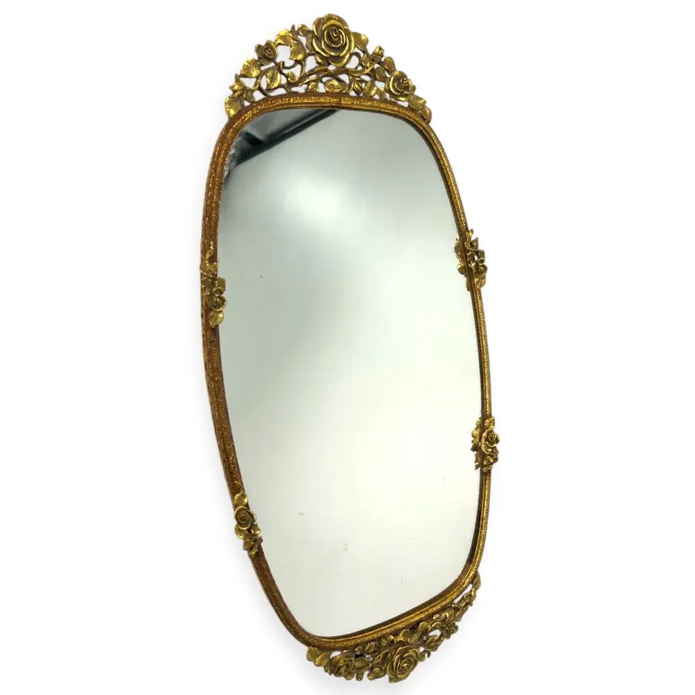 Vintage Ornate Gold Mirror Vanity Tray or Wall Hanging Gilded Signed Numbered